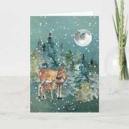 Tarjeta Festiva Doe Fawn Deer Forest Full Moon Snowfall Watercolor