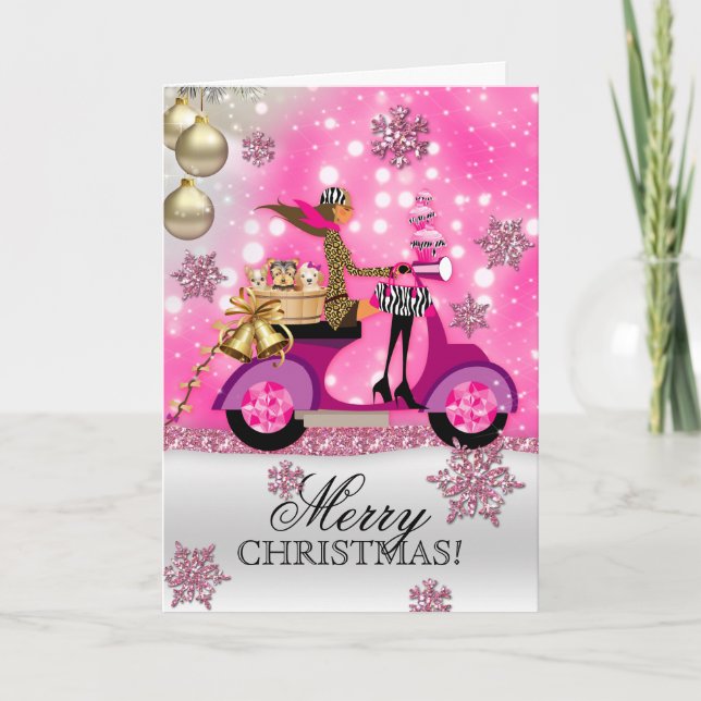 Tarjeta Festiva Dog Groomer Vet Navidades Scooter Chica Mascota mó (Anverso)