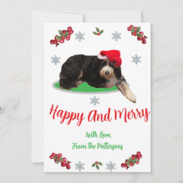 Tarjeta Festiva Dog in Santa Hat And Berries Flat Holiday Card