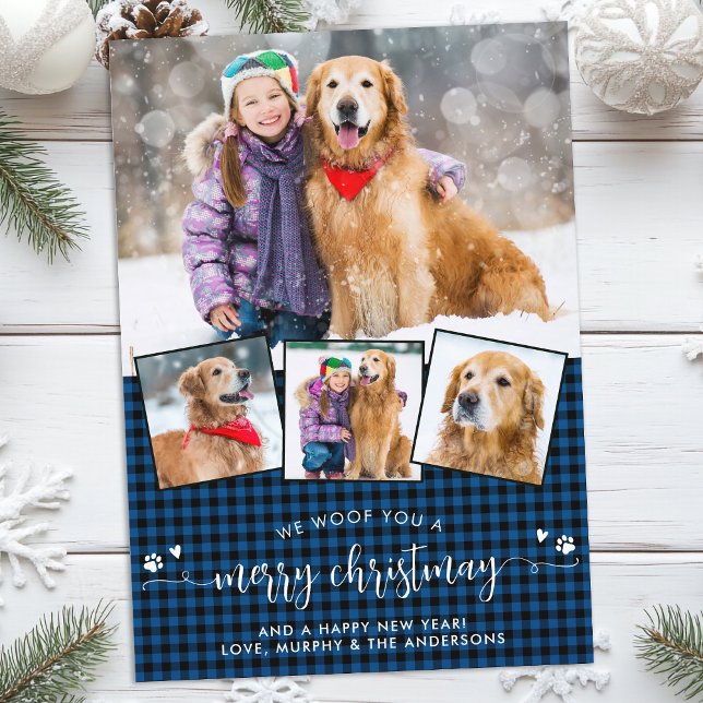 Tarjeta Festiva Dog Lover Merry Christmas Blue Plaid Collage de fo (Subido por el creador)