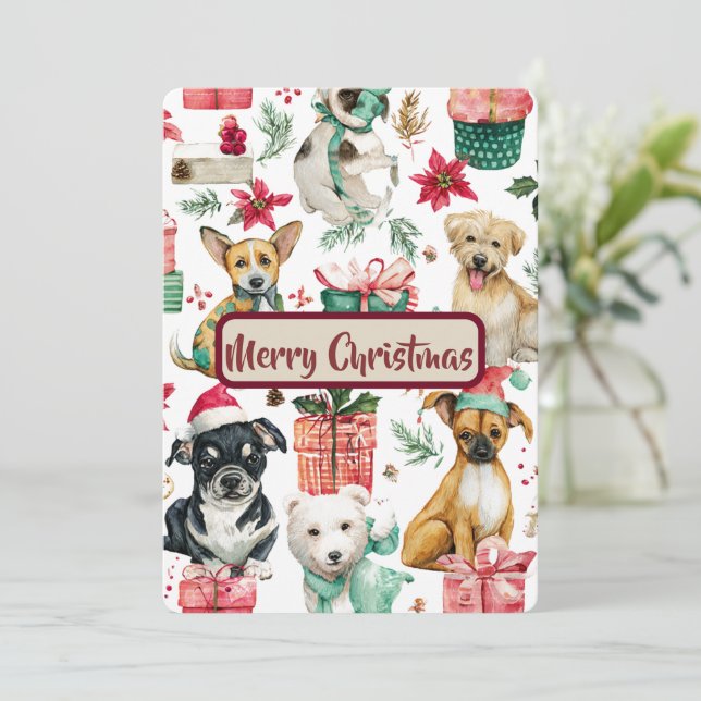Tarjeta Festiva Dog Lovers’ Xmas Card – Magical Watercolor Cheer (Anverso de pie)