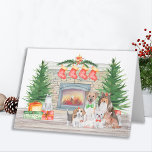 Tarjeta Festiva Dogs Cats Puppies Kittens Cute Christmas Fireplace<br><div class="desc">Send christmas greetings this holiday season with this cute dogs, cats, puppies and kittens in a watercolor design. This animal lover holiday card features dogs, cats, a fireplace scene with holiday trees, stockings and presents. Personalize with family name. This dog cat pet christmas card is perfect for veterinarians, veterinary christmas...</div>