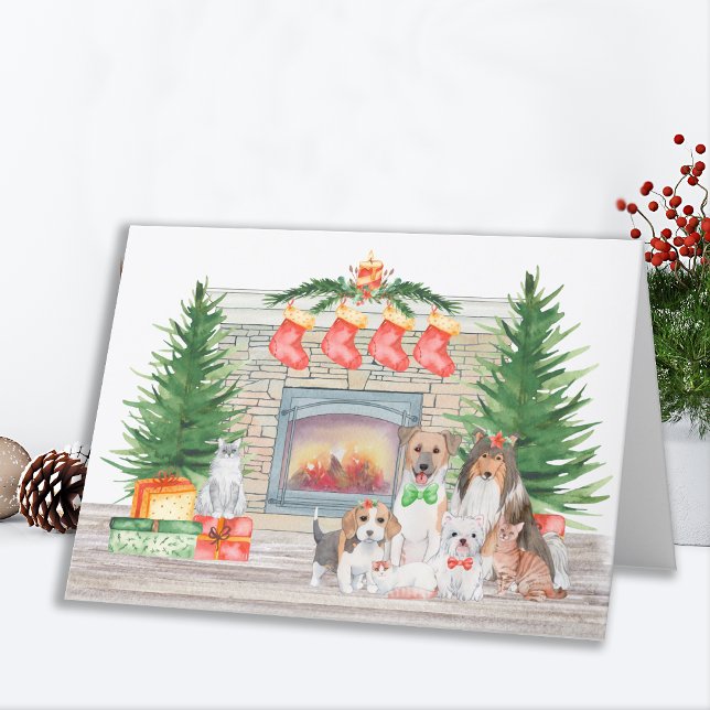 Tarjeta Festiva Dogs Cats Puppies Kittens Cute Christmas Fireplace (Subido por el creador)