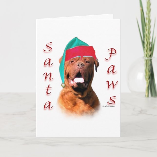 Tarjeta Festiva Dogue de Bordeaux Santa Paws (Anverso)