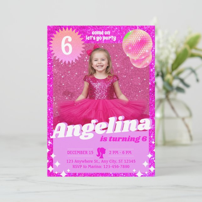 Tarjeta Festiva Doll Pink Gilter Invitation Birthday Party (Anverso de pie)