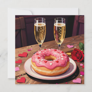 Tarjeta Festiva Donas de Fresa, Champán y Rosa San Valentín 