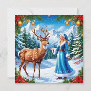Tarjeta Festiva Doncella de Nieve Escena Invernal Encantadora
