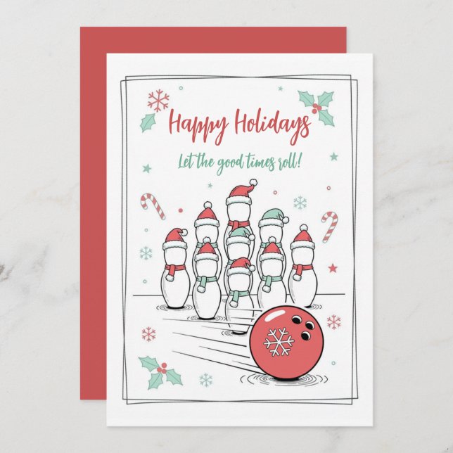 Tarjeta Festiva Doodle Christmas Bowling Holiday Greeting Cards (Anverso / Reverso)