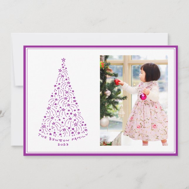 Tarjeta Festiva Doodle Star Tree Purple Holiday Card (Anverso)
