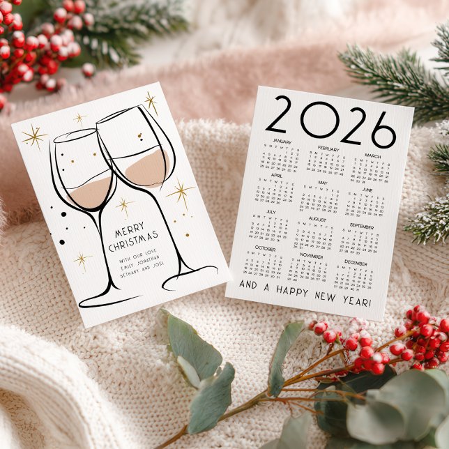 Tarjeta Festiva Doodle Wine Glasses 2026 Calendar Merry Christmas (Front and back view)