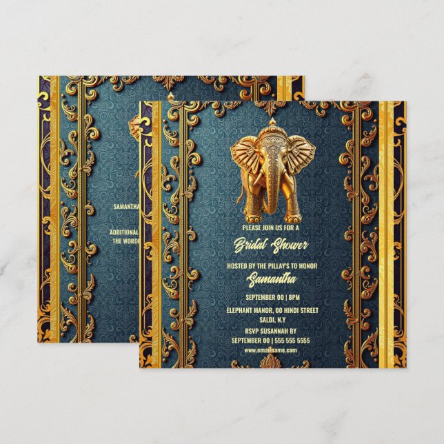 Tarjeta Festiva Dorado azul elefante indio ducha de novia floral (Anverso / Reverso)
