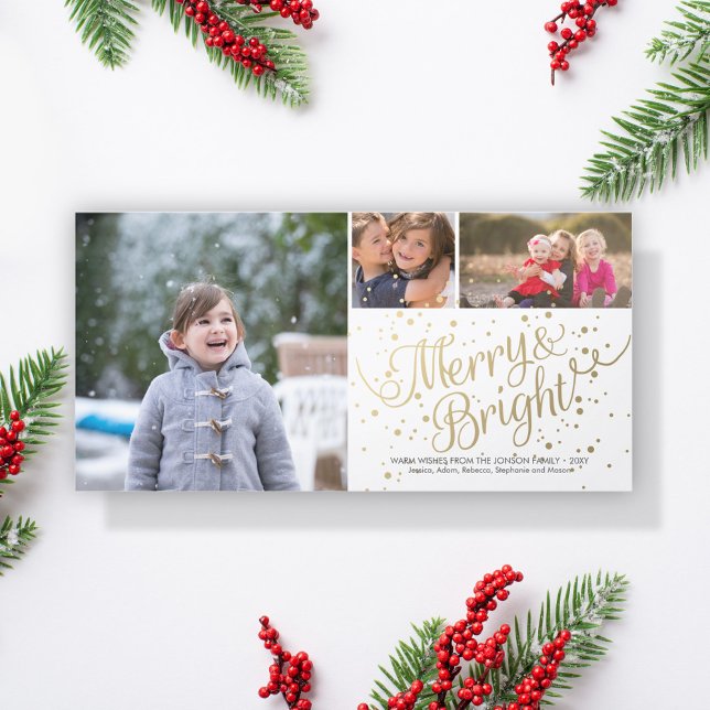 Tarjeta Festiva Dorado Light Merry Bright Collage 3 Photo Card Whi (Subido por el creador)