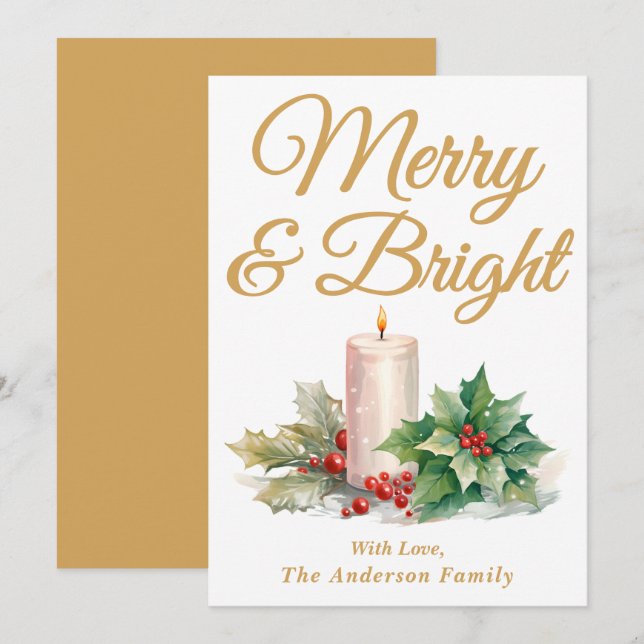 Tarjeta Festiva Dorado manuscrito merry y brillante (Anverso / Reverso)
