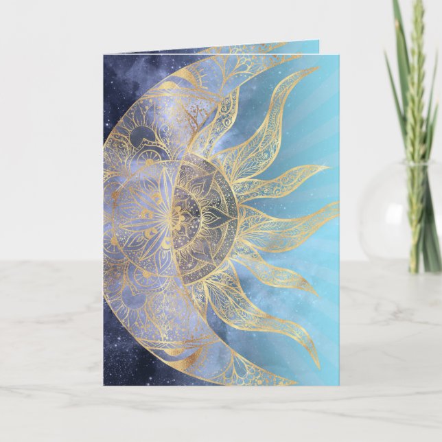 Tarjeta Festiva Dorado Moon Sun Mandala Diseño Celeste (Anverso)