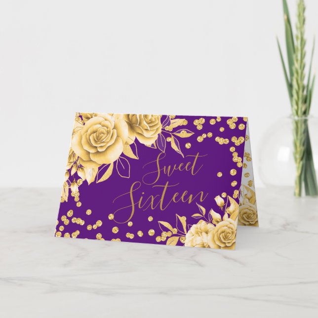Tarjeta Festiva Dorado Morado Dulce 16 Purpurina Confetti Floral (Anverso)