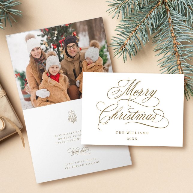 Tarjeta Festiva Dorado Romántico Merry Christmas Script Photo pleg (Front & Inside)