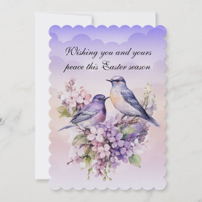 Tarjeta Festiva Dos Aves Moradas En Pascua De Primavera (Anverso)