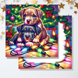 Tarjeta Festiva Dos Cachorros Cuitos Jugando Bajo El Árbol De Navi
