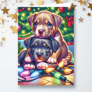 Tarjeta Festiva Dos Cachorros Cuitos Jugando Bajo El Árbol De Navi