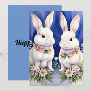 Tarjeta Festiva Dos conejos y flores 