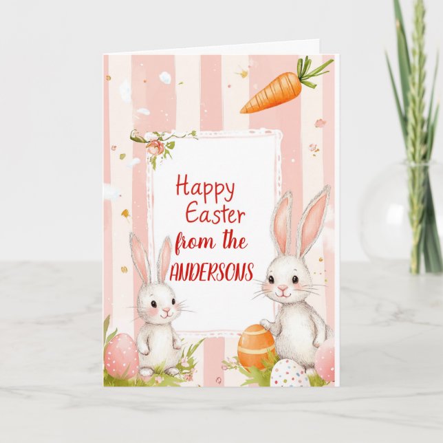 Tarjeta Festiva Dos conejos y zanahorias rosadas (Anverso)