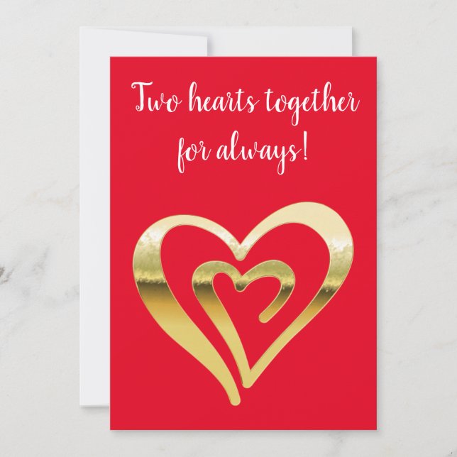 Tarjeta Festiva Dos corazones juntos oro metálico rojo (Anverso)