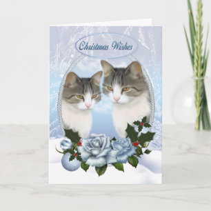 Tarjeta Festiva Dos gatos Navidades con hielo de nieve y Rosas azu