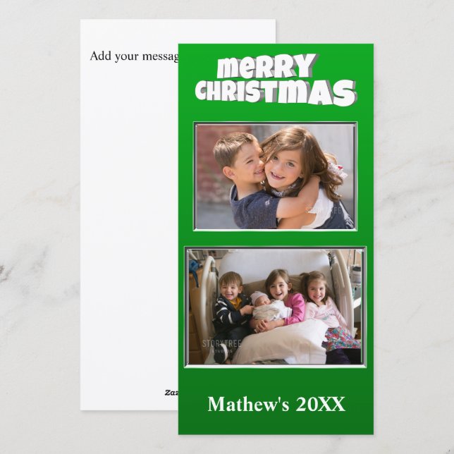 Tarjeta Festiva Dos Navidades de fotografía verde Añadir familia d (Anverso / Reverso)