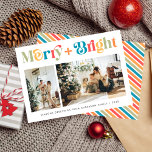 Tarjeta Festiva Dos Navidades de fotos merry y Bright Retro<br><div class="desc">¡Un Navidad alegre y brillante! Envíe sus saludos de vacaciones a sus amigos y seres queridos con esta tarjeta de fotos de Navidad de estilo retro colorido. Esta tarjeta contiene dos hermosas fotos de tu familia, un texto que puedes personalizar, y un patrón de franjas festivo y colorido en la...</div>