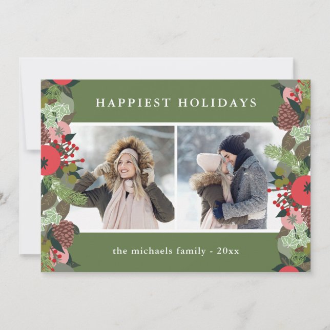 Tarjeta Festiva Dos Navidades verdes botánicos de vacaciones (Anverso)