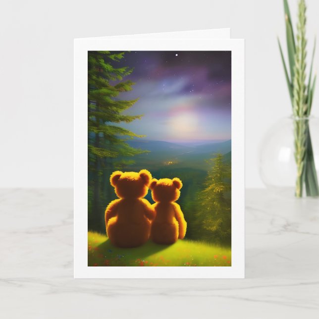 Tarjeta Festiva Dos osos de peluche en una noche estrellada (Anverso)