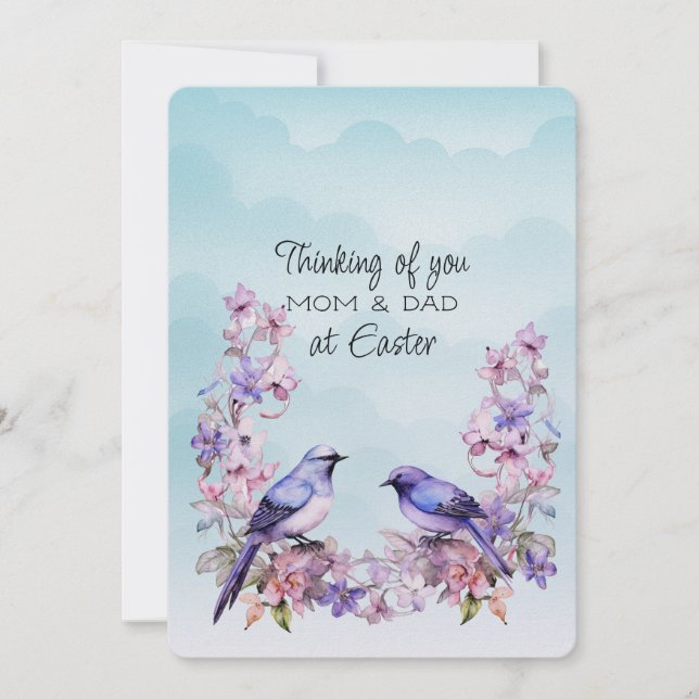 Tarjeta Festiva Dos pájaros morados primavera flores madre y papá  (Anverso)