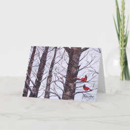 Tarjeta Festiva Dos pájaros rojos en invierno