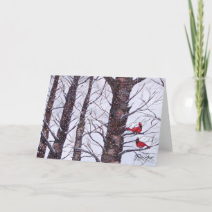Tarjeta Festiva Dos pájaros rojos en invierno