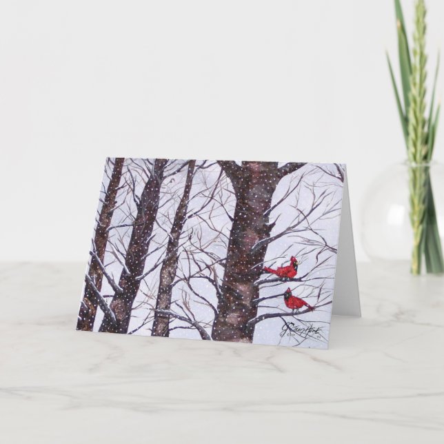 Tarjeta Festiva Dos Pájaros Rojos En Invierno (Anverso)