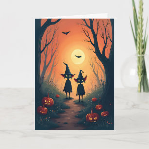 Tarjeta Festiva Dos pequeños duendes y Jack O'Lanterns Halloween