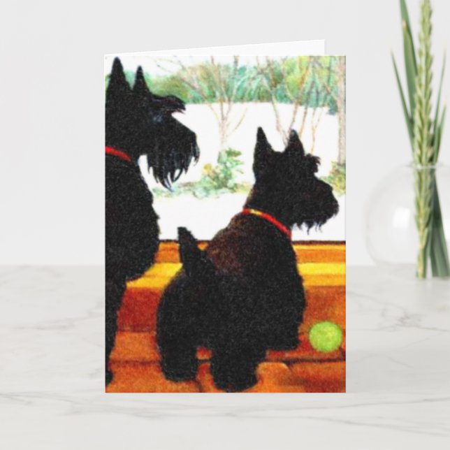 Tarjeta Festiva Dos perros escoceses esperando a Papá Noel (Anverso)