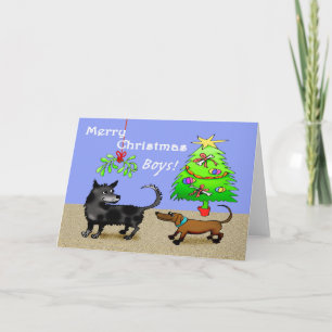 Tarjeta Festiva Dos perros olfateando al revés, con un árbol de na