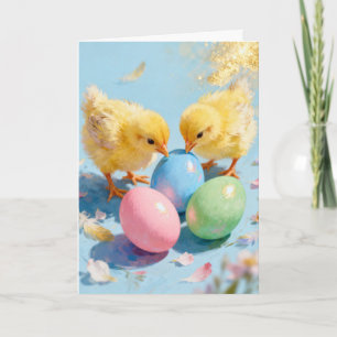 Tarjeta Festiva Dos pollitos y huevos de Pascua