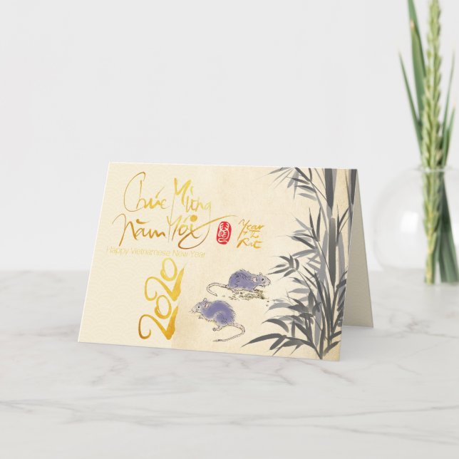 Tarjeta Festiva Dos ratas Bambú Vietnamita Año Nuevo 2020 HGC (Anverso)