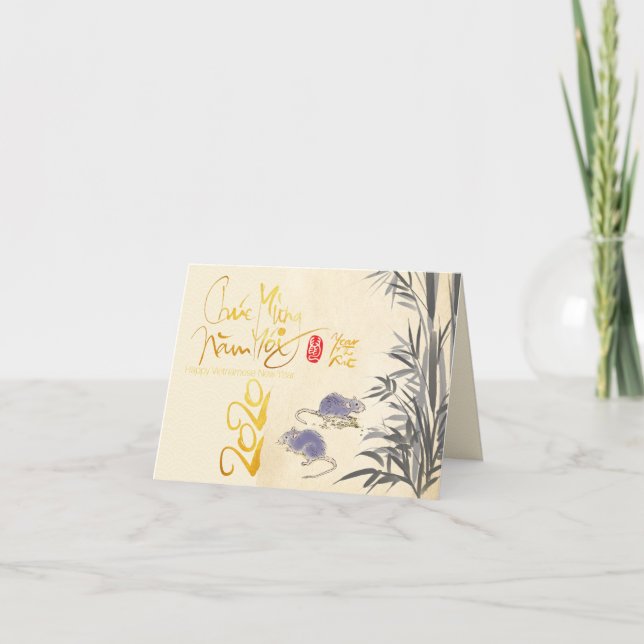 Tarjeta Festiva Dos ratas Bambú Vietnamita Año Nuevo 2020 HSGC (Anverso)