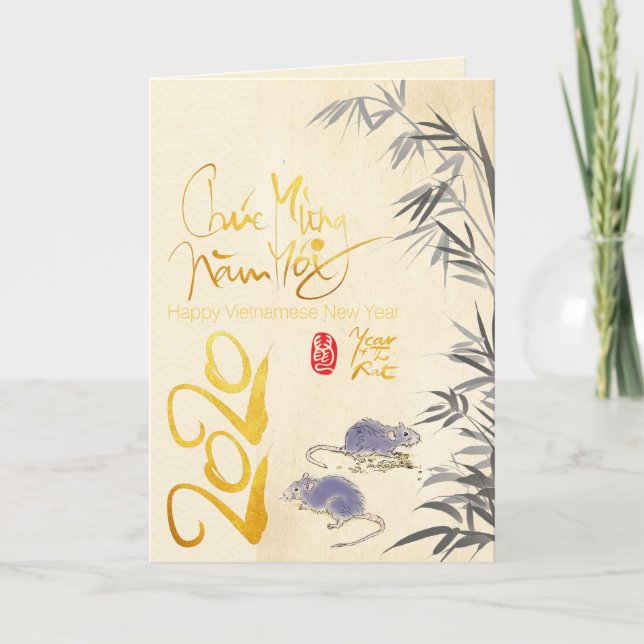 Tarjeta Festiva Dos Rats Bambú Año Nuevo Vietnamita 2020 GC (Anverso)