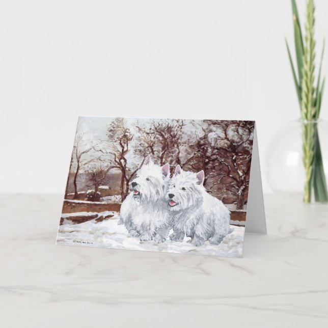 Tarjeta Festiva Dos Westies en Invierno (Anverso)