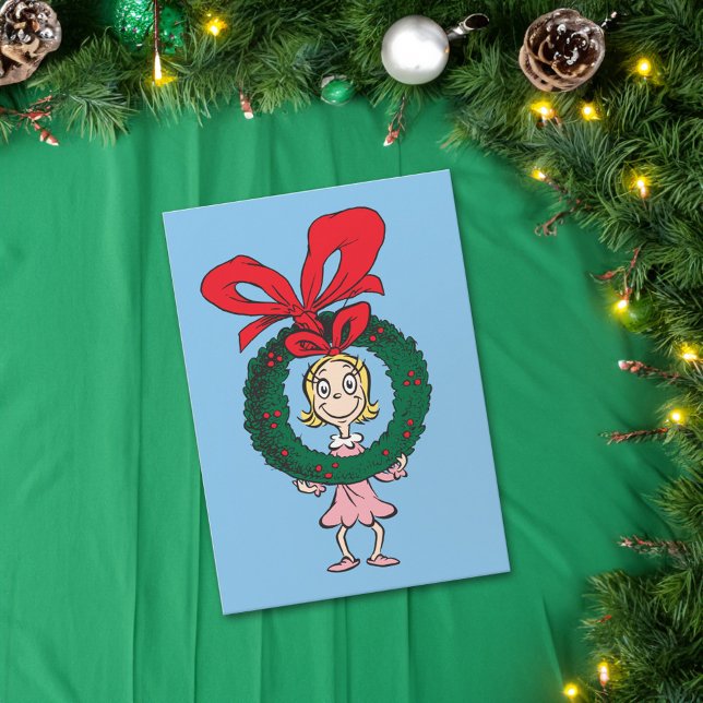 Tarjeta Festiva Dr. Seuss | Cindy-Lou Who - Wreath (Card on table)