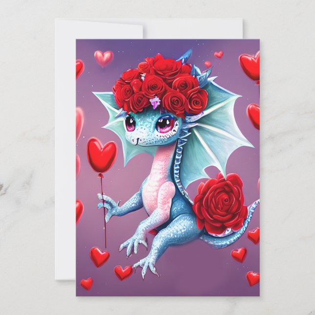 Tarjeta Festiva Dragón azul rojo San Valentín Fantasía (Anverso)