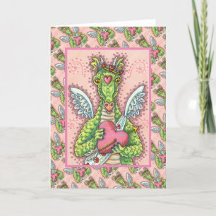 TARJETA FESTIVA DRAGÓN CUPIDO, FANTASÍA CARDÍACA Y FLOR VALENTINA