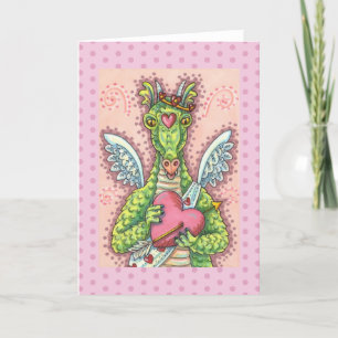 TARJETA FESTIVA DRAGÓN CUPIDO, FANTASÍA CARDÍACA Y FLOR VALENTINA