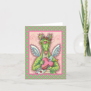 TARJETA FESTIVA DRAGÓN CUPIDO, FANTASÍA CARDÍACA Y FLOR VALENTINA
