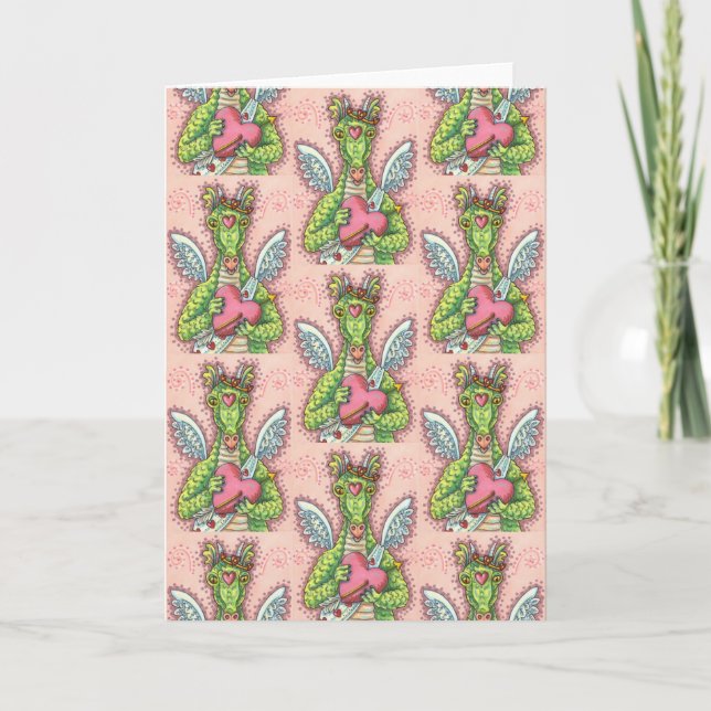 TARJETA FESTIVA DRAGÓN CUPIDO, FANTASÍA CARDÍACA Y FLOR VALENTINA (Anverso)
