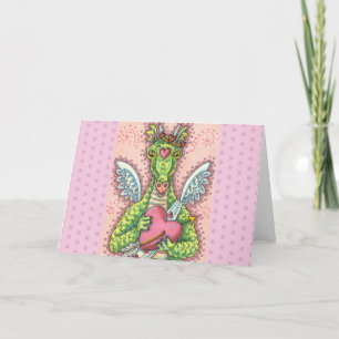 TARJETA FESTIVA DRAGÓN CUPIDO, FANTASÍA CARDÍACA Y FLOR VALENTINA